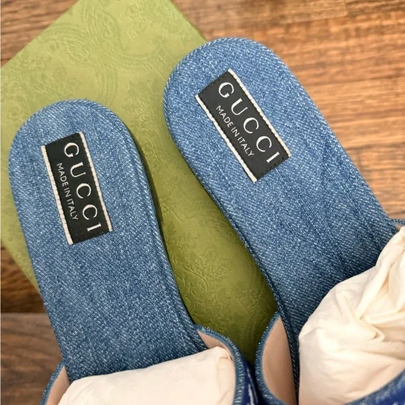 Gucci Denim Blue Embroidered Slide Sandals - Picture 3 of 5